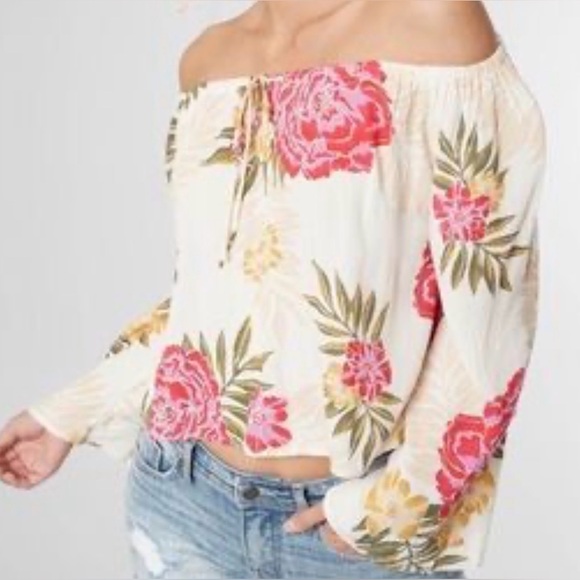 Billabong Floral Print Light it Up Off The Shoulder Top Crepe Boho Sz S - Picture 2 of 10